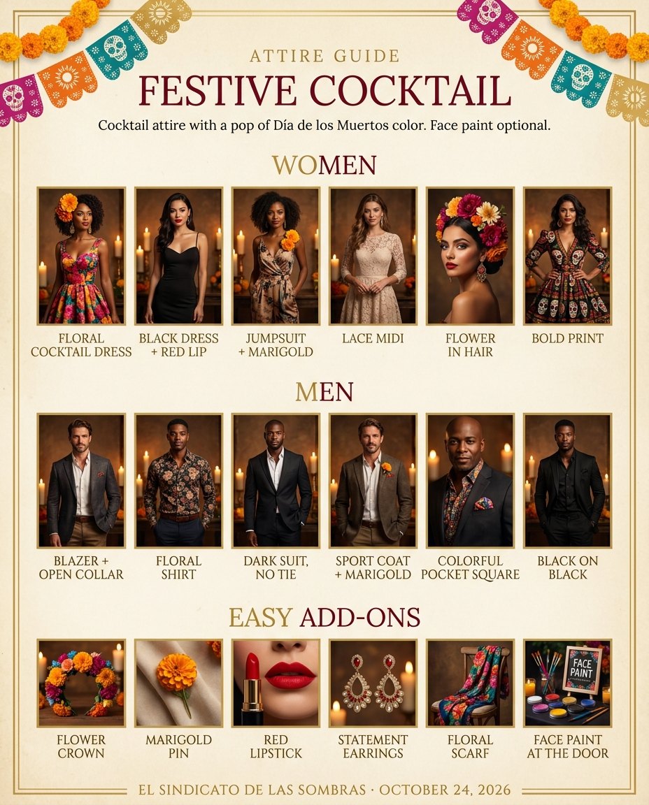 Attire guide: festive cocktail. Floral cocktail dresses, black dresses with a red lip, jumpsuits with a marigold, lace midis and bold prints for women; blazers with open collars, floral shirts, dark suits with no tie and colorful pocket squares for men; easy add-ons like flower crowns, marigold pins and face paint at the door.